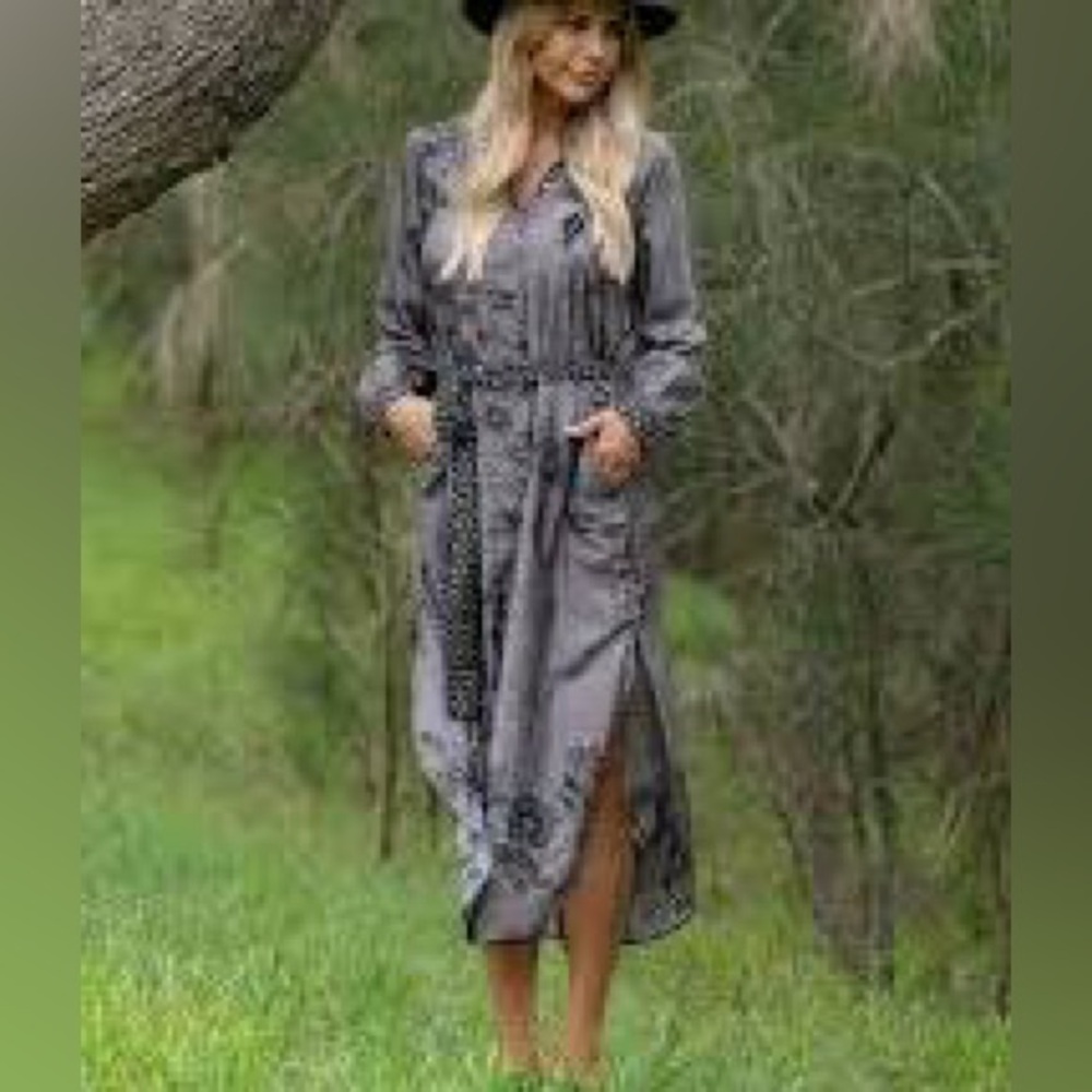 Cienna Charmaine button down shirt dress belt pockets gray floral  small NWT